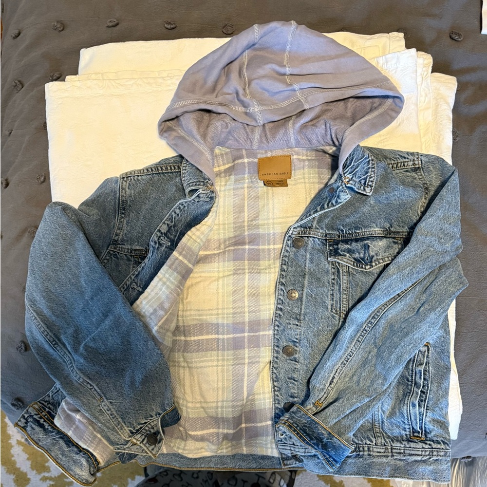 American Eagle Outfitters Blue Jean Jacket with Purple Hood